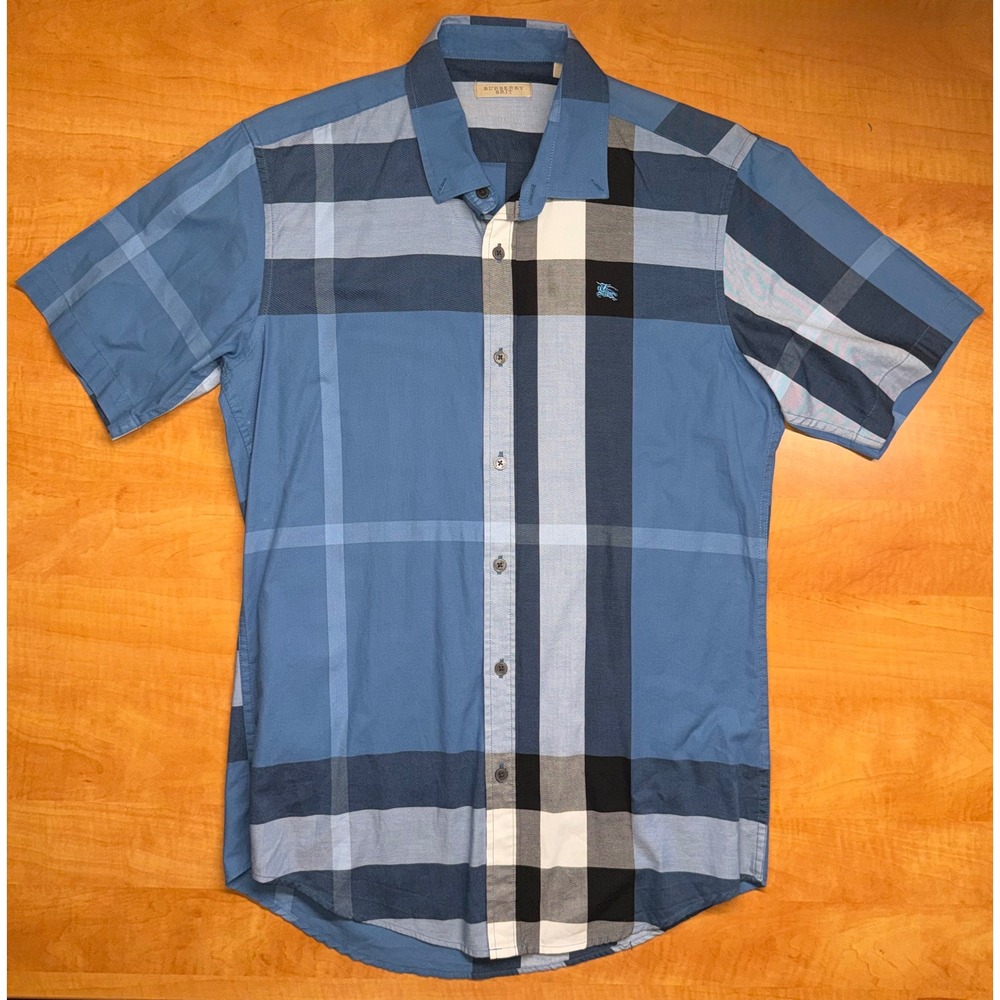 Burberry Brit Mens Blue Oversized Check Short Sleeve Button Down Shirt S